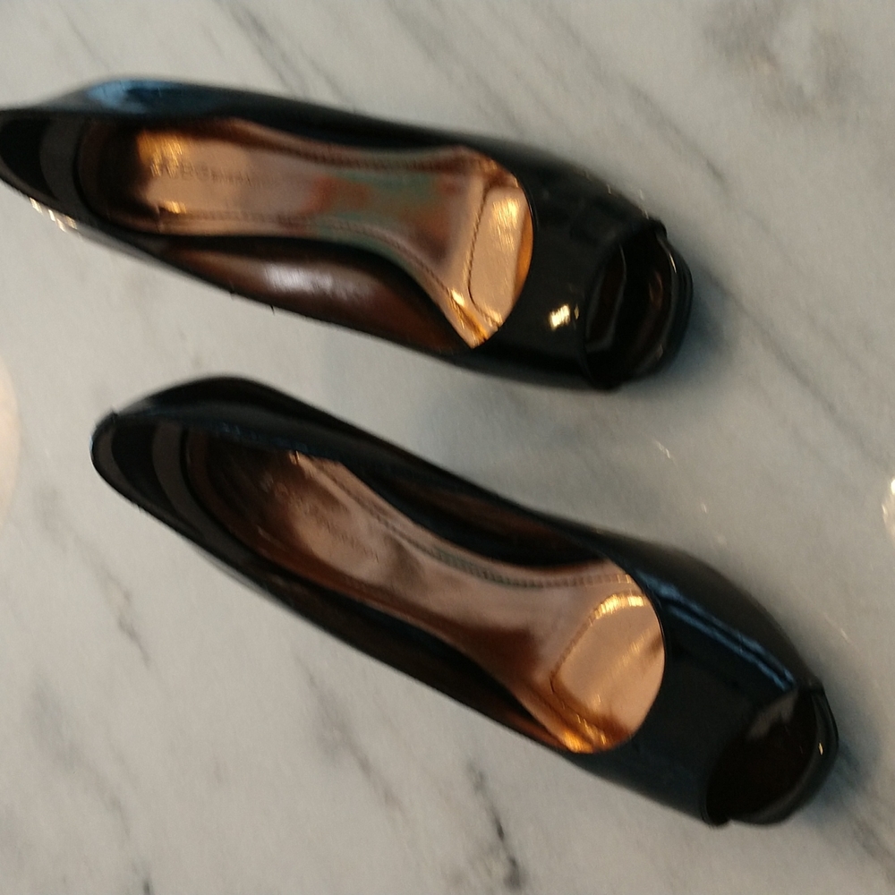 Open toe black patent stiletto